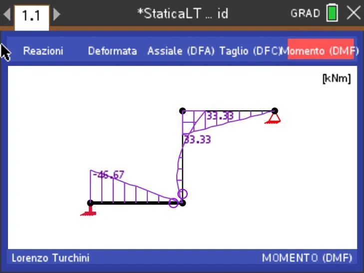 StaticaLT on a TI-Nspire CX: bending moment diagram of an L-shaped frame